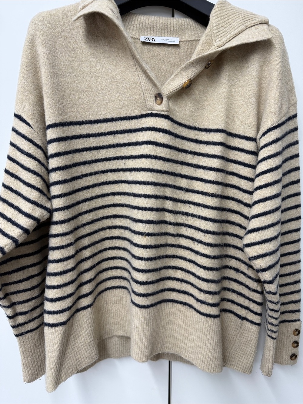 Zara Cream and Navy Striped Button-Collar Sweater